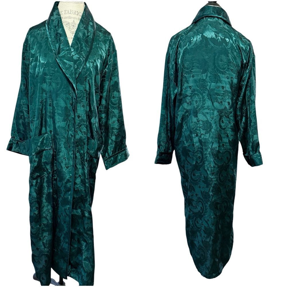 Vintage Gold Label Victoria’s Secret Long Sleeve Damask Emerald Green Robe Small